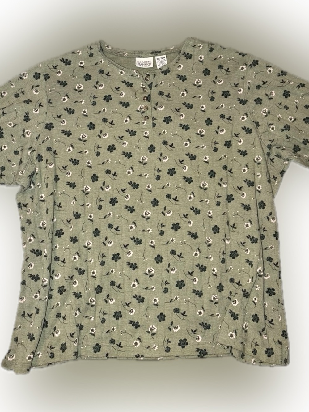 Classic Elements Woman 20/22W Floral Henley Top Sage Green Plus Size